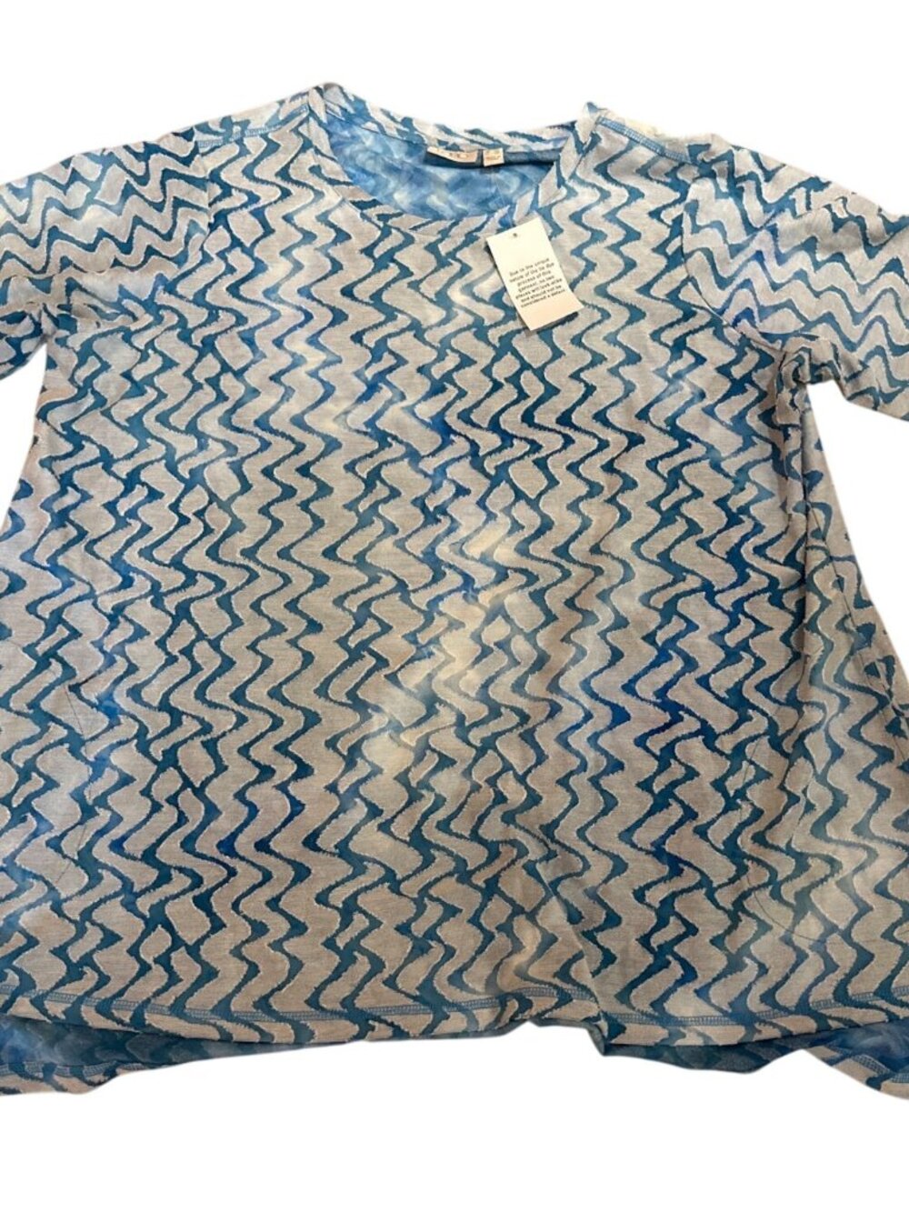 Lori Goldstein LOGO Tunic Top 1X Blue Zigzag Pattern Boho Artsy Career